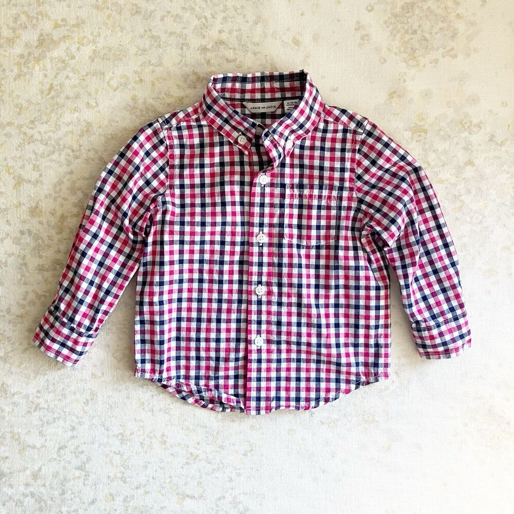 Janie and Jack Baby Boys Size 12-18M  Red Check Button Down Long Sleeve Shirt